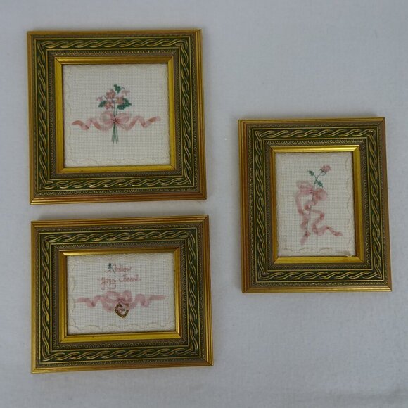 Cross Stitch Pictures Framed Floral Miniature Small Hand Made Vintage Lot of 3 - Picture 3 of 7